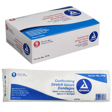 Dynarex 3116 Sterile Conforming Bandage, 6 Inch x 4-1/10 Yard