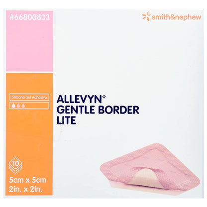 A retail box of 10 Smith and Nephew 66800833 Allevyn Gentle Border Lite 2x2 inch foam dressings at Lexicon Medical Supply.