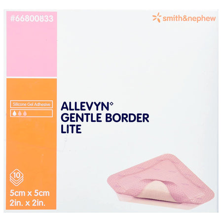 A retail box of 10 Smith and Nephew 66800833 Allevyn Gentle Border Lite 2x2 inch foam dressings at Lexicon Medical Supply.
