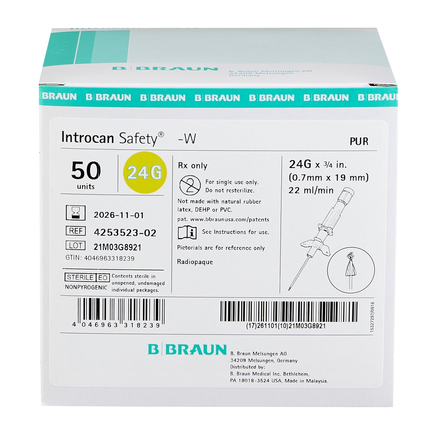 Introcan Safety® Peripheral IV Catheter, 24 Gauge, Winged