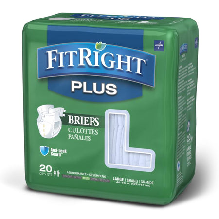 Medline FITPLUSLG FitRight Plus Incontinence Brief, Large, White, Moderate Absorbency
