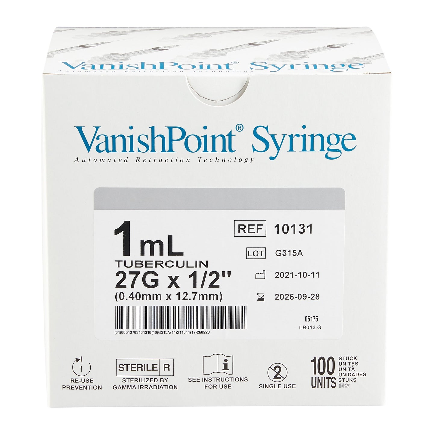 VanishPoint® 1 mL Tuberculin Syringe with Needle, 27 Gauge, 1/2 Inch Needle Length