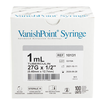 VanishPoint® 1 mL Tuberculin Syringe with Needle, 27 Gauge, 1/2 Inch Needle Length