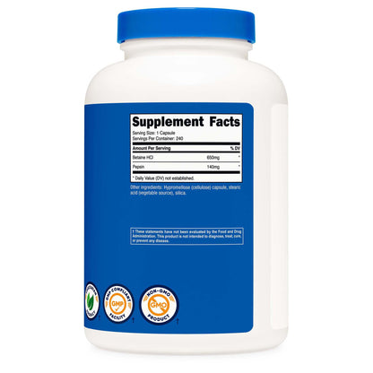 Dietary Supplement nutricost® Betaine HCl / Pepsin 790 mg Strength Capsule 240 Per Bottle
