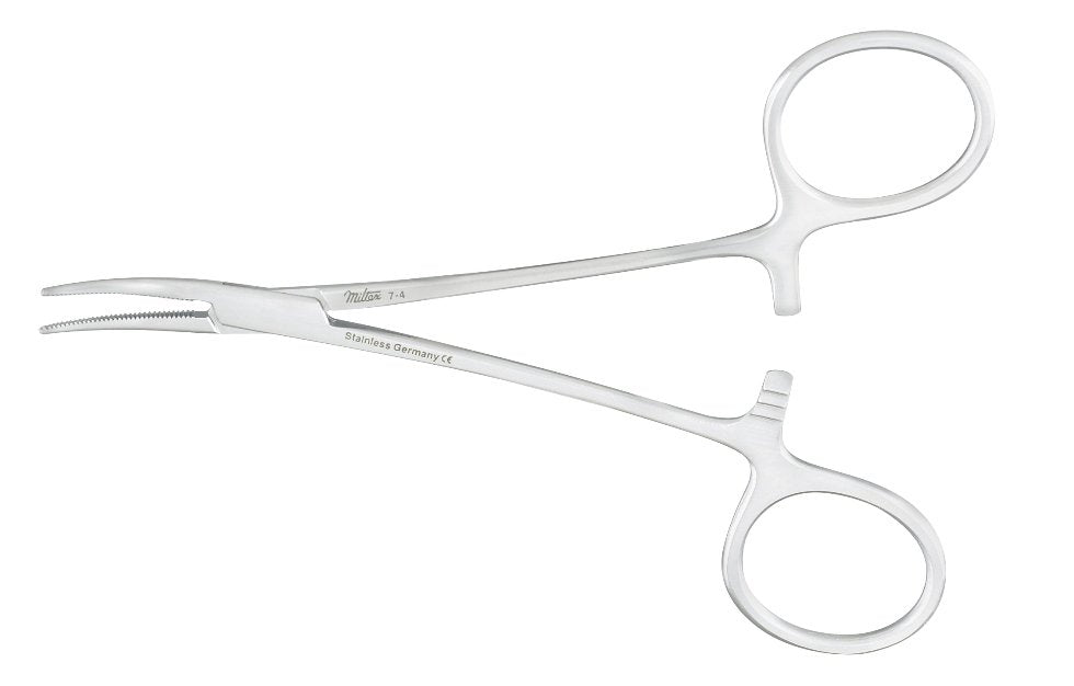 Mosquito Forceps Miltex® Halsted 5 Inch Length OR / Surgical Grade German Stainless Steel NonSterile Locking Finger Ring Handle Curved Serrated Tips