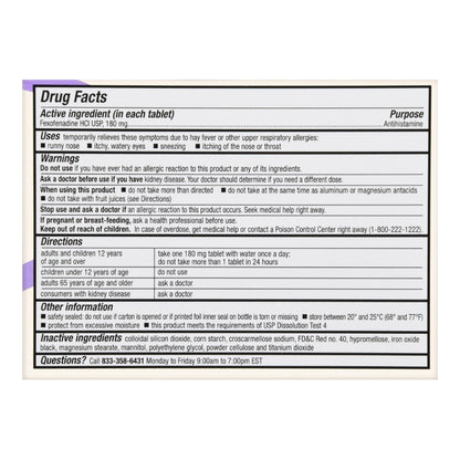 Foster & Thrive™ 24 Hour Allergy Relief Fexofenadine HCl USP 180 mg Tablets