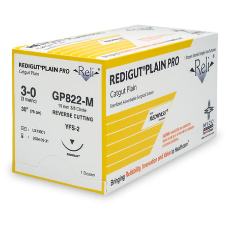 Myco Medical GP822-M Reli Plain Gut Absorbable Suture with Needle, Size 3-0, MFS-2 Reverse Cutting