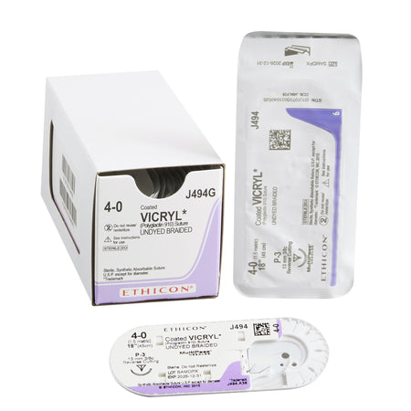 Ethicon J494G Coated Vicryl Polyglactin 910 Absorbable Suture with Needle, Size 4-0