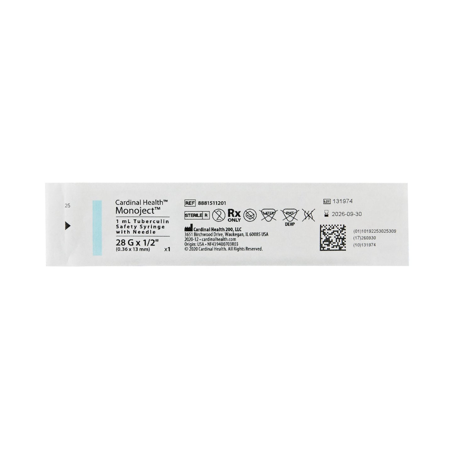 Monoject™ 1 mL Tuberculin Syringe with Needle, 28 Gauge, 1/2 Inch Needle Length