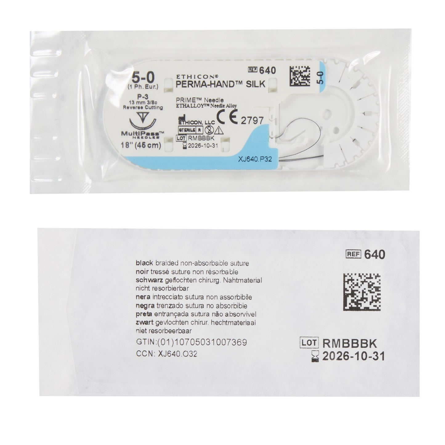 Ethicon 640G Nonabsorbable Suture with Needle Perma-Hand™ Silk P-3 3/8 Circle Precision Reverse Cutting Needle Size 5-0 Braided