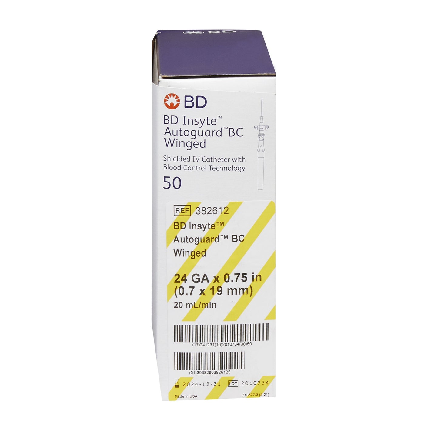 BD 382612 Peripheral IV Catheter Insyte™ Autoguard™ BC 24 Gauge 3/4 Inch BD Vialon Winged Hub Blood Control Push Button Safety