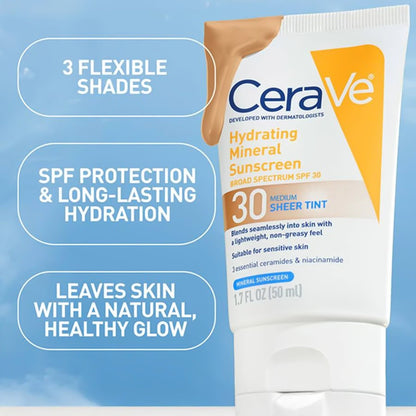 Sunscreen CeraVe® Hydrating Mineral Sunscreen Medium Sheer Tint SPF30 Lotion 1.7 oz. Tube