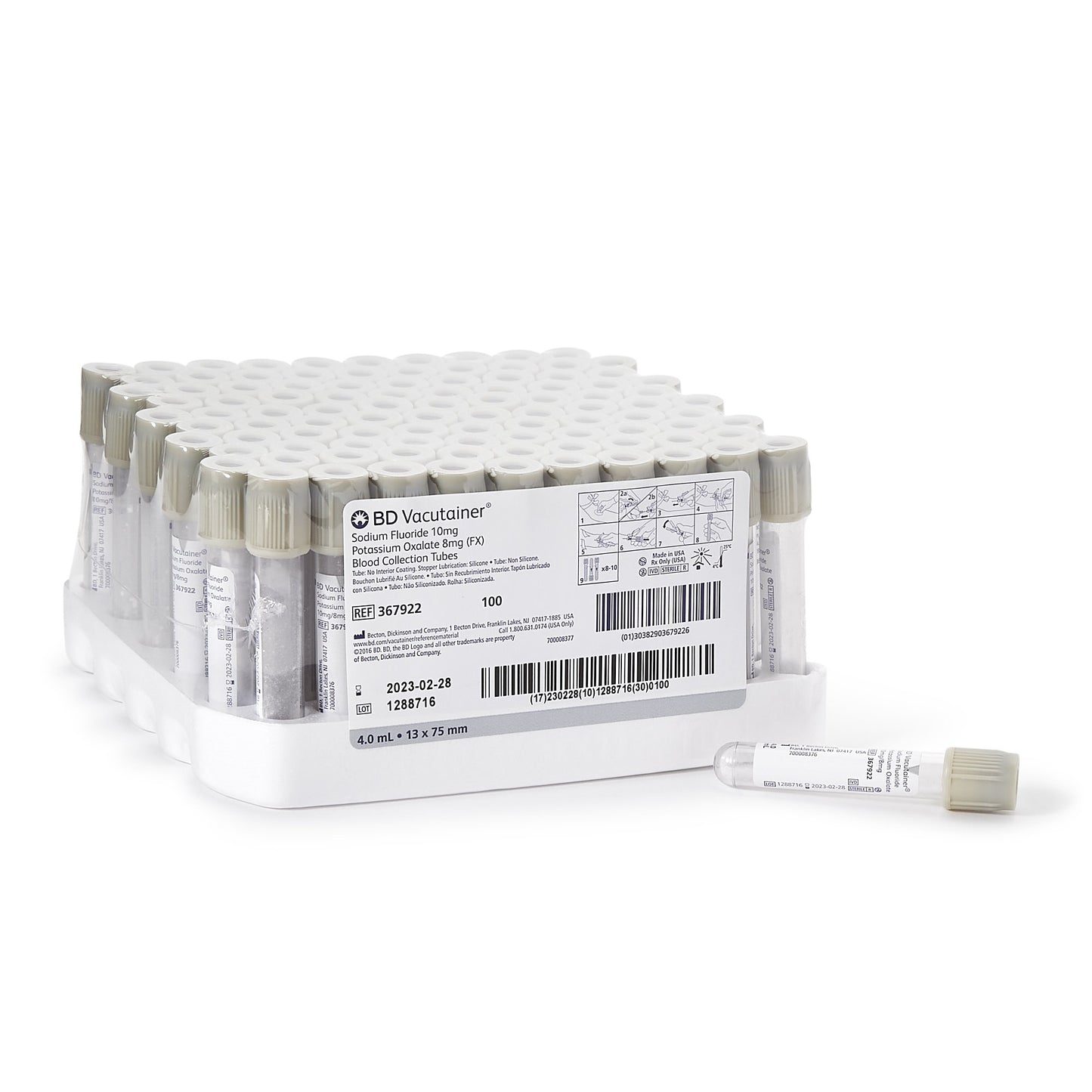 BD 367922 Vacutainer Venous Blood Collection Tube Sodium Fluoride / Potassium Oxalate Additive 4 mL BD Hemogard Closure.