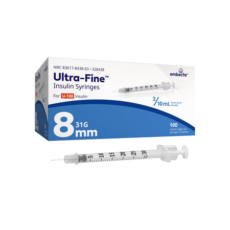embecta 328438 Ultra-Fine Standard Insulin Syringe with Needle, 31 Gauge, 5/16 Inch