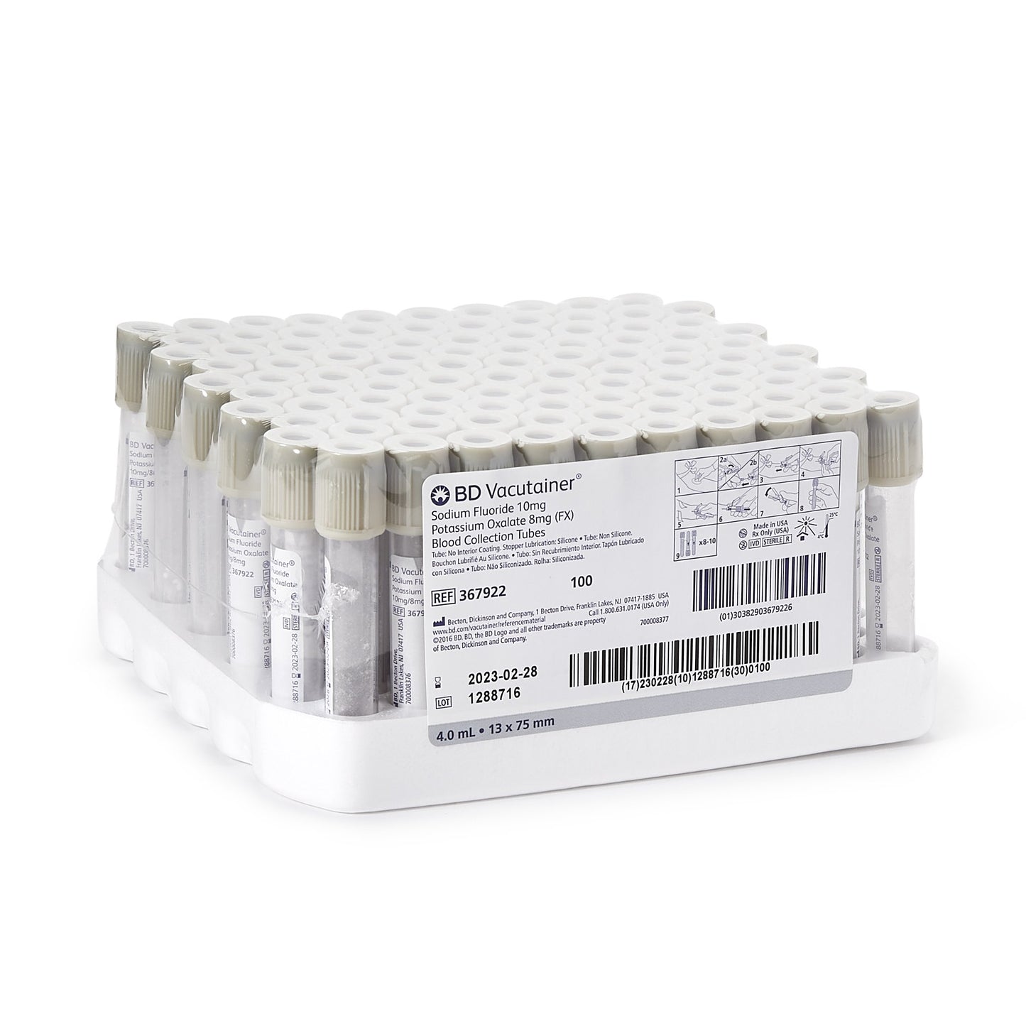 BD 367922 Vacutainer Venous Blood Collection Tube Sodium Fluoride / Potassium Oxalate Additive 4 mL BD Hemogard Closure.