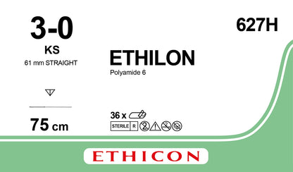 Ethicon 627H Nonabsorbable Suture with Needle Ethilon™ Nylon KS Straight Reverse Cutting Needle Size 3-0 Monofilament