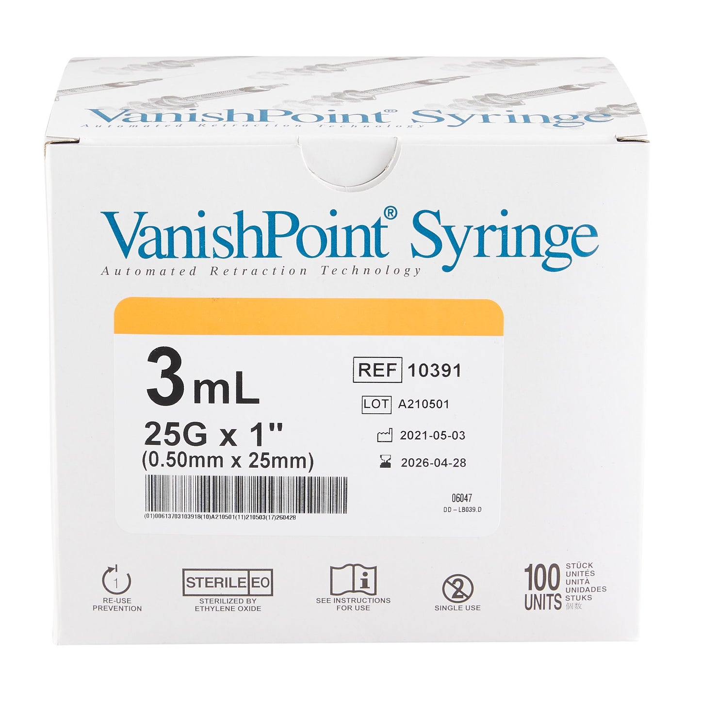 VanishPoint® 10391 3 mL Syringe with Hypodermic Needle, 25 Gauge, 1 Inch