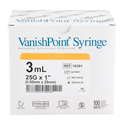 VanishPoint® 10391 3 mL Syringe with Hypodermic Needle, 25 Gauge, 1 Inch