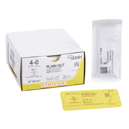 Ethicon 1824H GUT PLAIN Absorbable Suture with Needle, Size 4-0, SC-1 Reverse Cutting