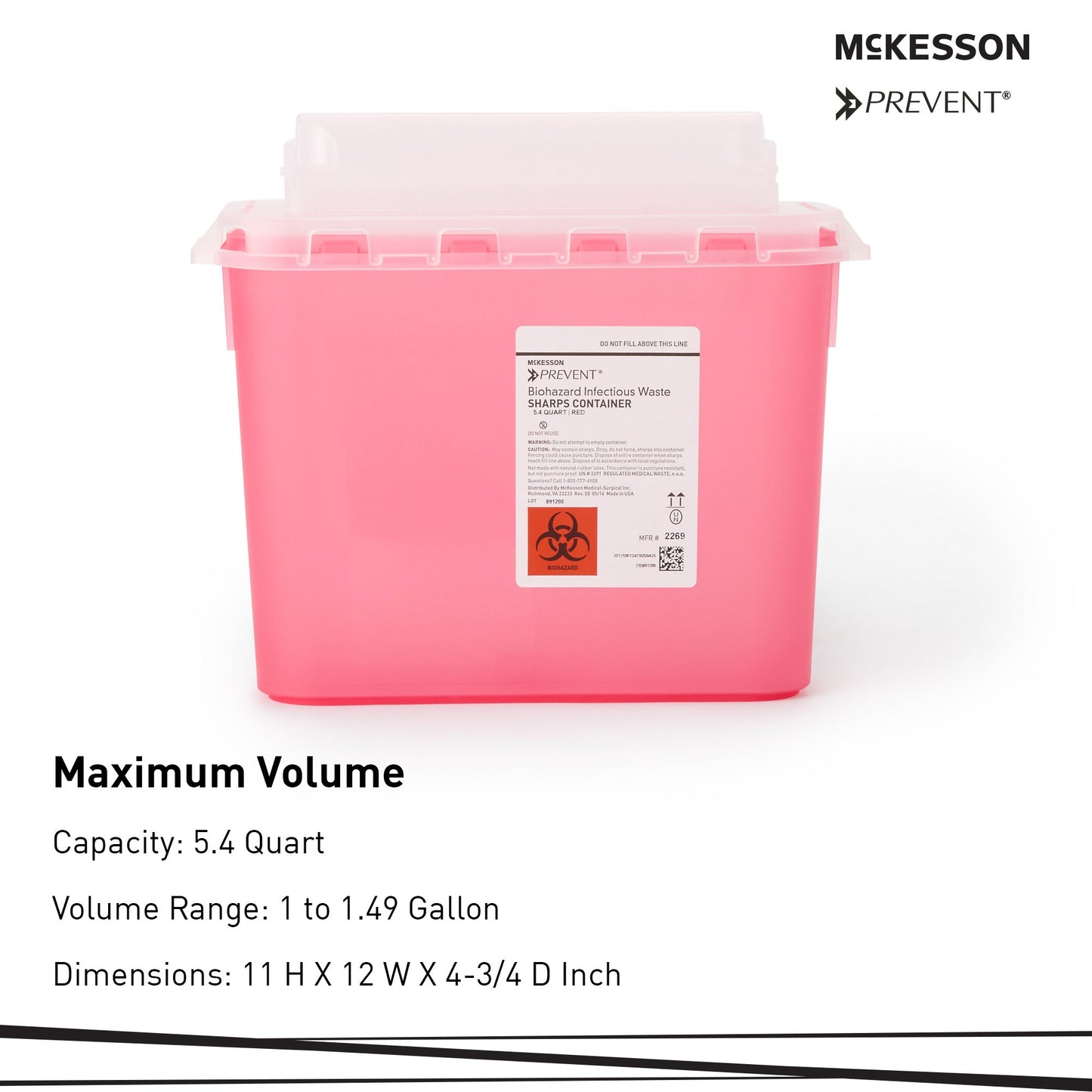 McKesson Prevent® Two-Piece Sharps Container, 5.4 Quart, 11 x 12 x 4-3/4 Inch