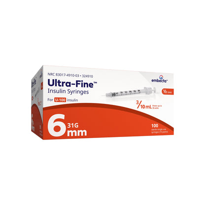 BD 324910 Standard Insulin Syringe with Needle Veo™ Ultra-Fine™ 0.3 mL 15/64 Inch 31 Gauge NonSafety Regular Wall