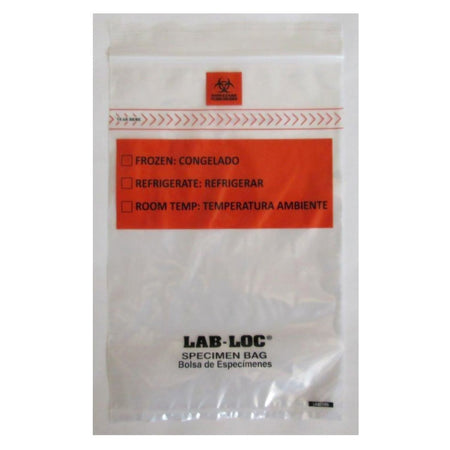Specimen Transport Bag with Document Pouch Lab-Loc® 12 X 15 Inch Zip Closure Biohazard Symbol / Storage Instructions NonSterile