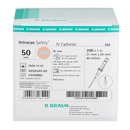 Introcan Safety® Peripheral IV Catheter, 20 Gauge, Straight