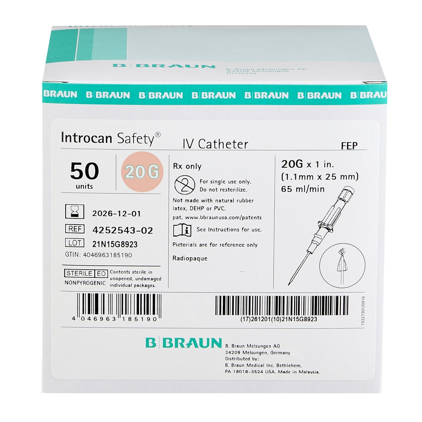 Introcan Safety® Peripheral IV Catheter, 20 Gauge, Straight