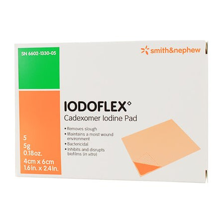 Smith & Nephew Iodoflex Pad Impregnated Dressing, Gauze, Cadexomer Iodine, Sterile, 1½" x 2⅜", 5/Box, 6602133005
