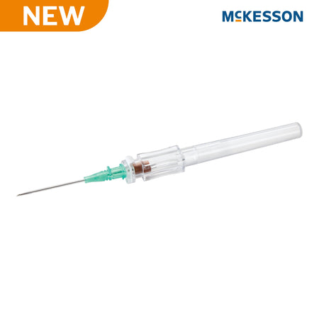 Peripheral IV Catheter McKesson 18 Gauge 1.16 Inch Polyurethane Straight Hub Non Blood Control Push Button Safety