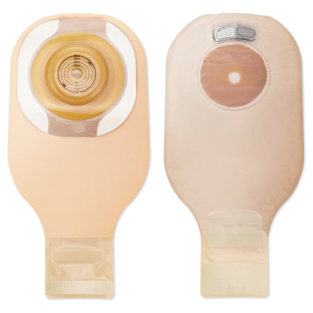 Hollister 8574 clear one piece drainable pouches showing the soft convex barrier and integrated Lock n Roll closure