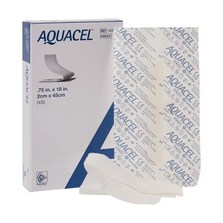 A retail box of ConvaTec 403770 AQUACEL Hydrofiber sterile ribbon wound packing dressings at Lexicon Medical Supply.