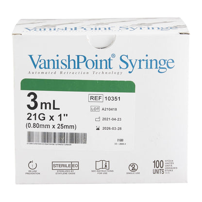 VanishPoint® 3 mL Syringe with Hypodermic Needle, 21 Gauge, 1 Inch