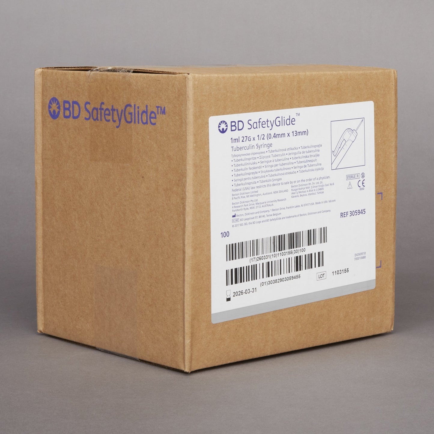 BD 305945 SafetyGlide™ 1 mL Tuberculin Syringe with Needle, 27 Gauge, 1/2 Inch Needle Length