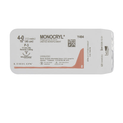 Ethicon Absorbable Suture with Needle Monocryl™ Poliglecaprone P-3 3/8 Circle Precision Reverse Cutting Needle Size 4-0 Monofilament