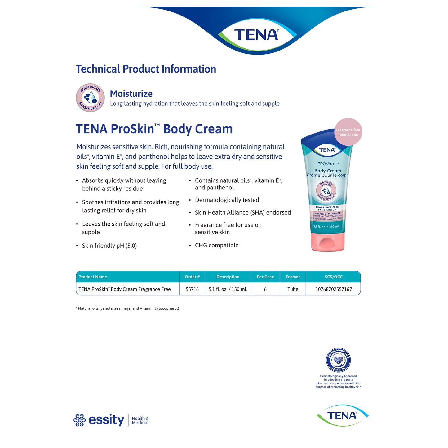 Hand and Body Moisturizer Tena® Proskin™ 5.1 oz. Tube Unscented Cream CHG Compatible
