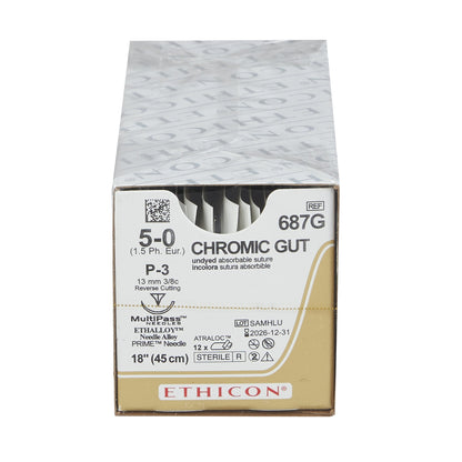 Absorbable Suture with Needle GUT CHROMIC Chromic Gut P-3 3/8 Circle Precision Reverse Cutting Needle Size 5-0 Monofilament