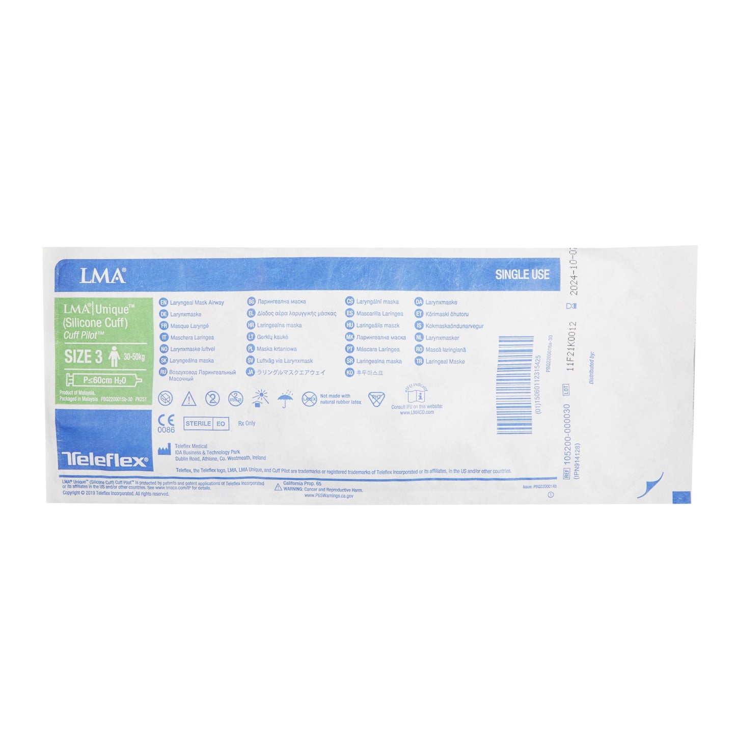 Straight Laryngeal Mask LMA® Unique™ (Silicone Cuff) Size 3 20 mL Cuff Silicone Single Patient Use Sterile