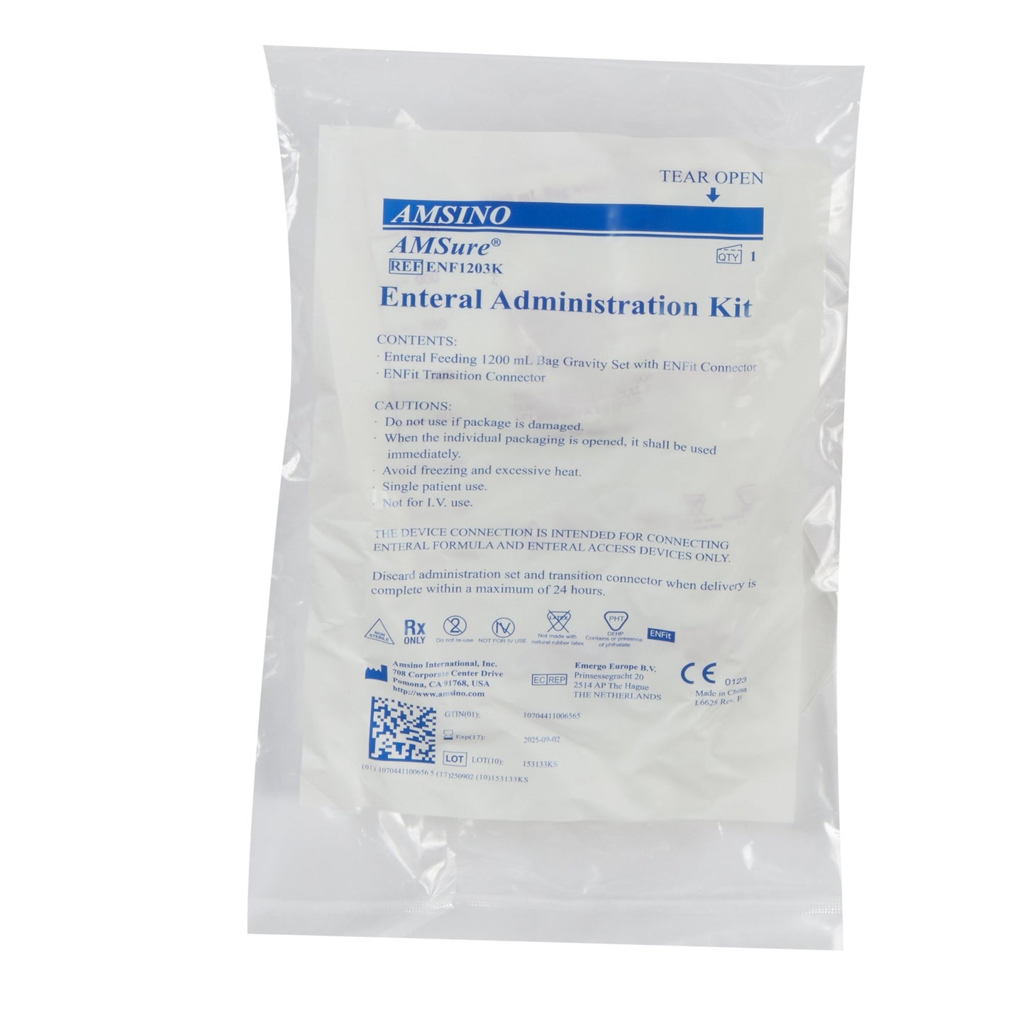 A retail package of the Amsino ENF1203K AMSure 1200 mL enteral gravity feeding bag set at Lexicon Medical Supply.