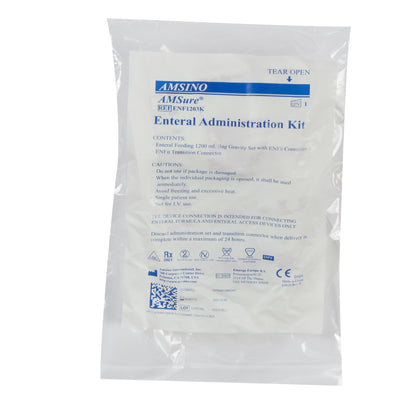A retail package of the Amsino ENF1203K AMSure 1200 mL enteral gravity feeding bag set at Lexicon Medical Supply.