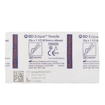 BD 305767 Safety Hypodermic Needle Eclipse™ 1-1/2 Inch Length 25 Gauge Thin Wall Hinged Safety Needle
