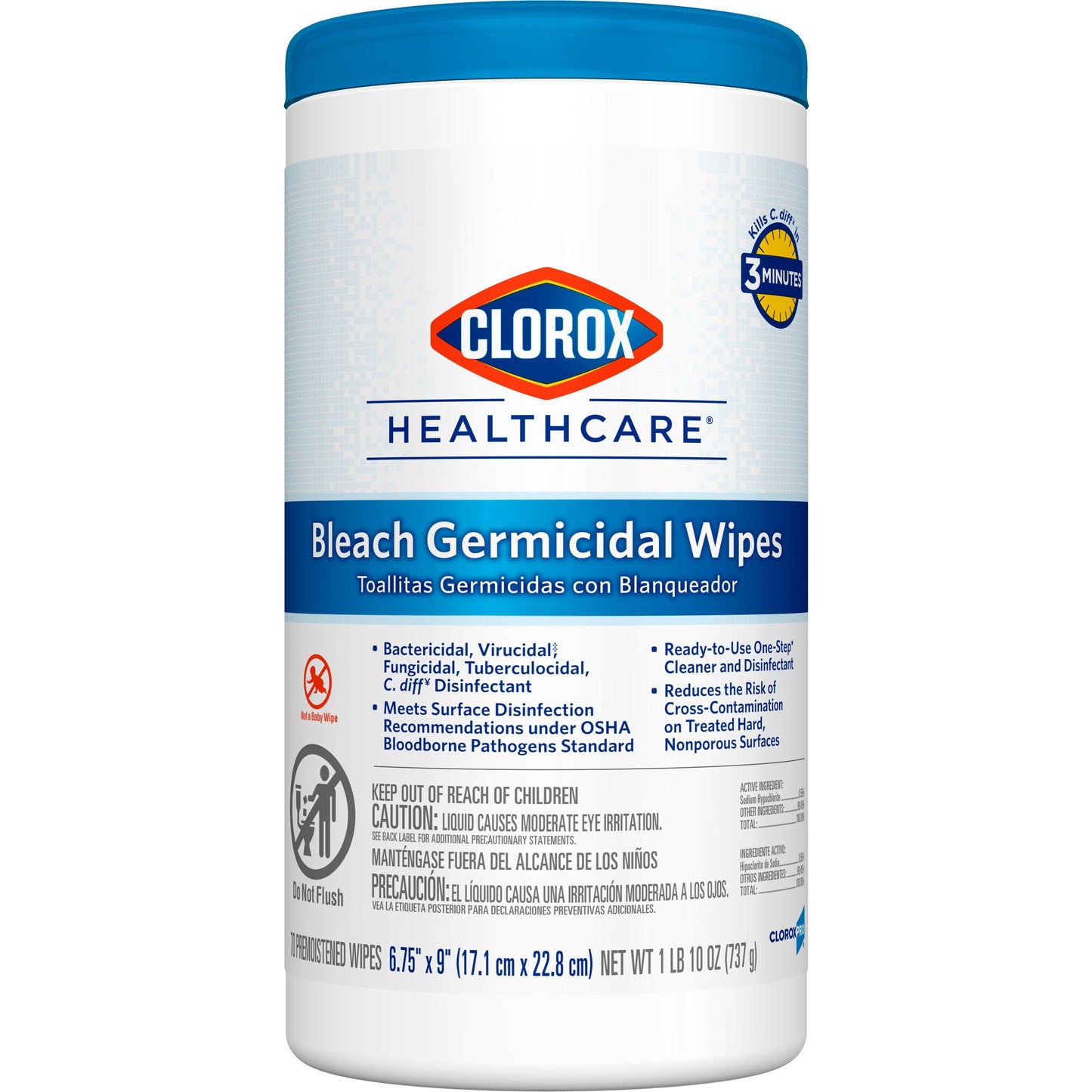 Clorox Healthcare® Bleach Germicidal Wipes, Canister, 70 ct.