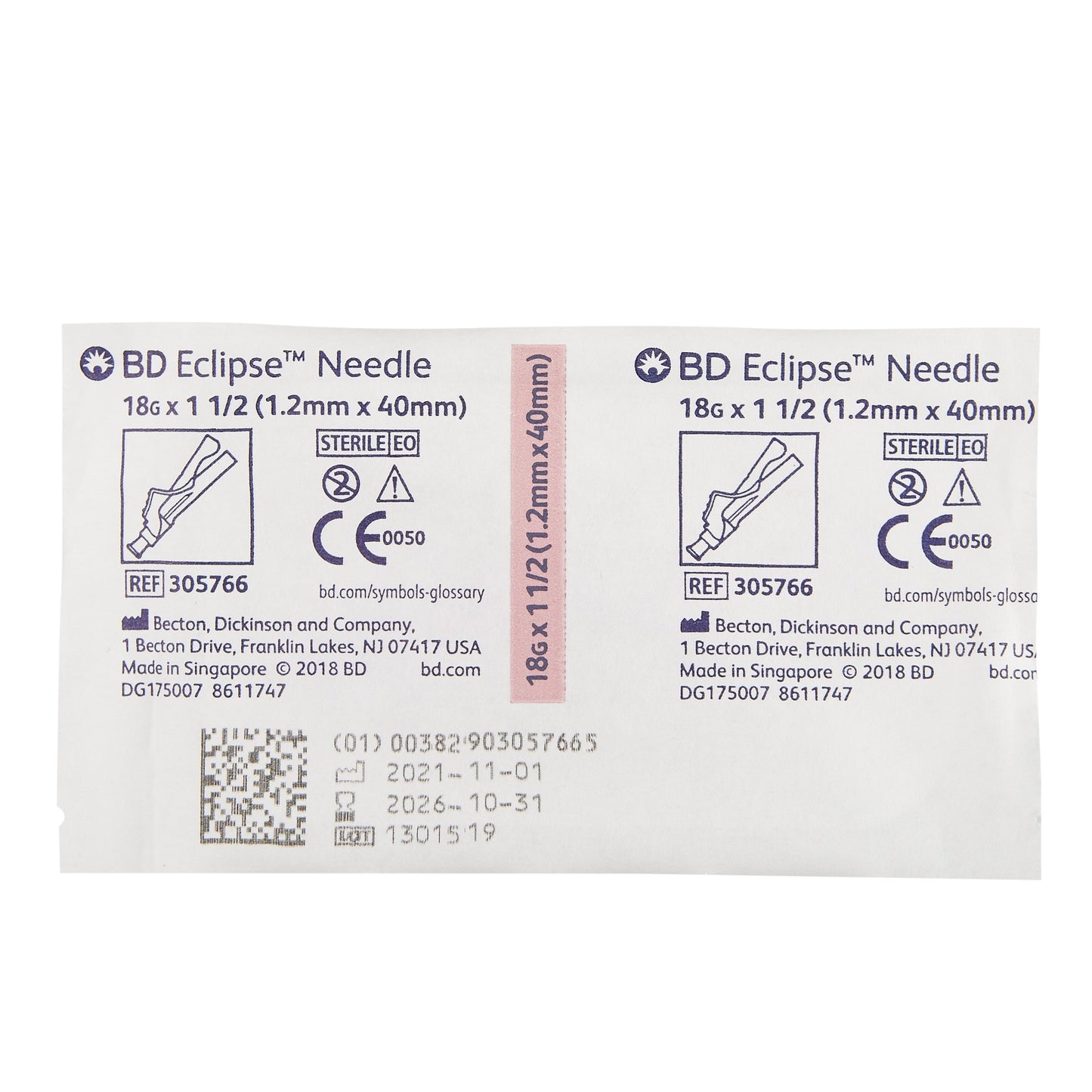 Package of BD 305766 Eclipse safety injection needle 18 gauge 1.5 inch for Luer Lok syringes