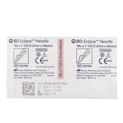 Package of BD 305766 Eclipse safety injection needle 18 gauge 1.5 inch for Luer Lok syringes