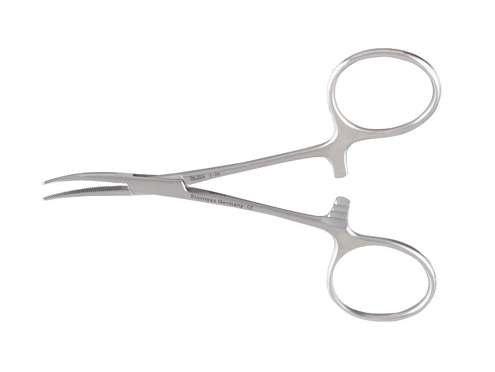 Mosquito Forceps Miltex® Hartmann 3-1/2 Inch Length OR / Surgical Grade German Stainless Steel NonSterile Locking Finger Ring Handle Curved Serrated Tips