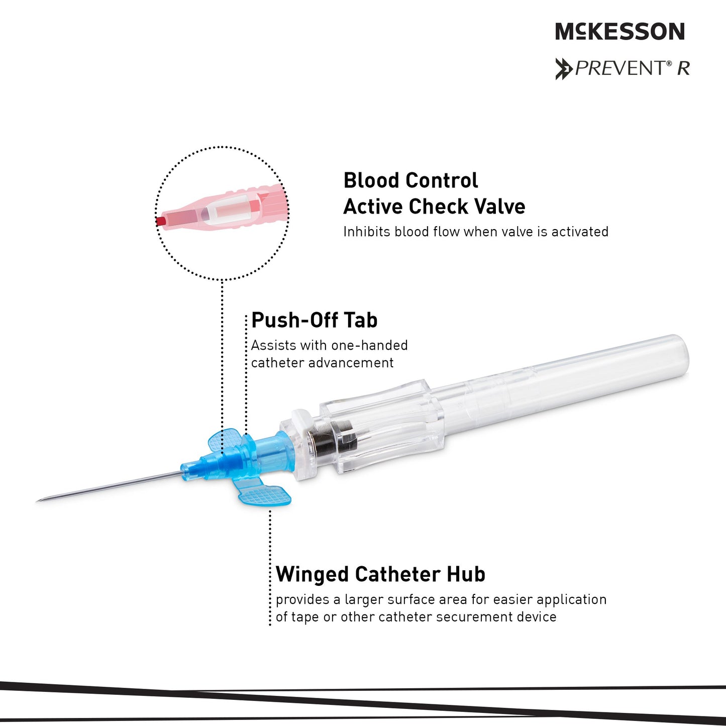 Peripheral IV Catheter McKesson Prevent® R 22 Gauge 1 Inch Polyurethane Winged Hub Blood Control Push Button Safety