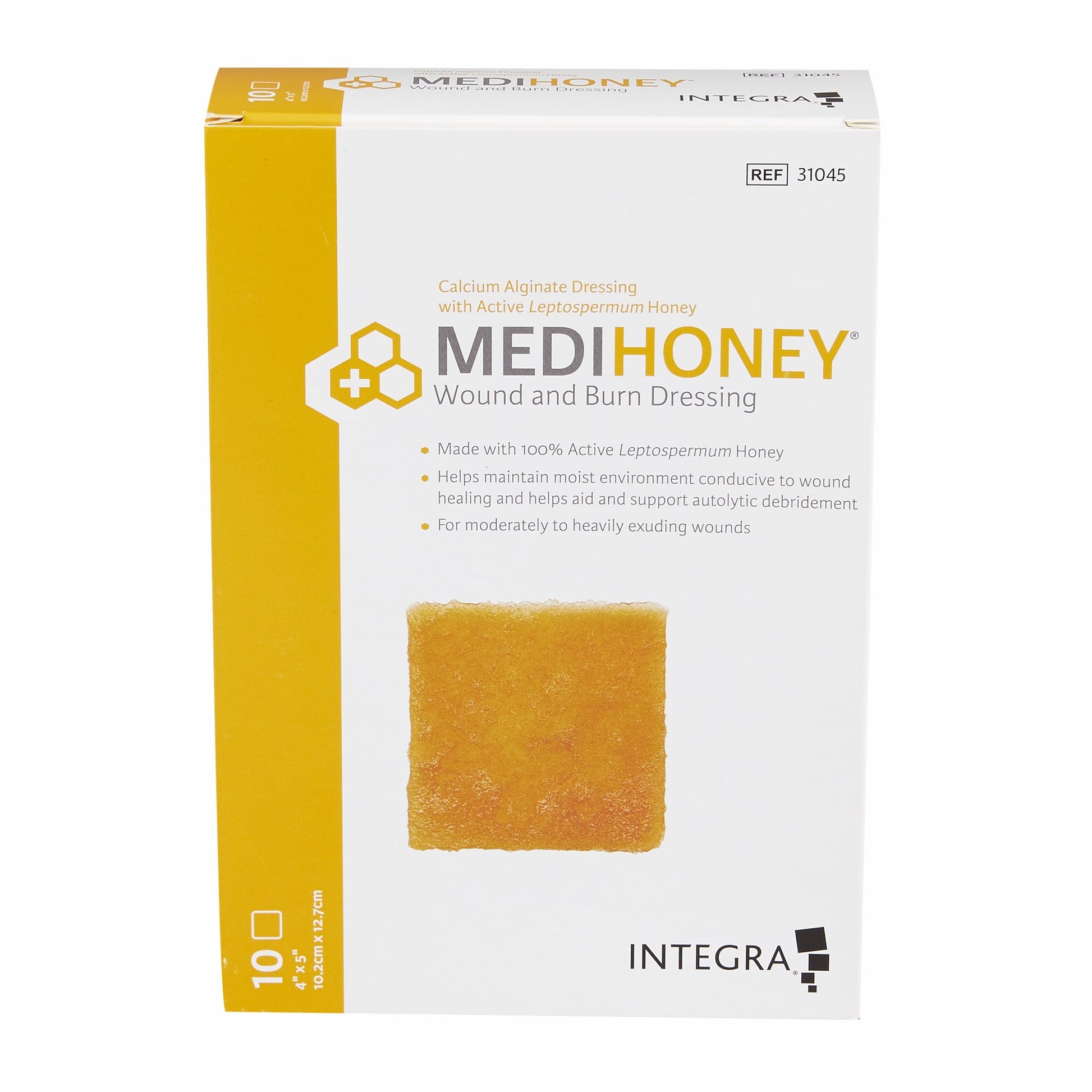 Medihoney medical grade manuka honey calcium alginate dressings 4 by 5 inches box reorder number 31045