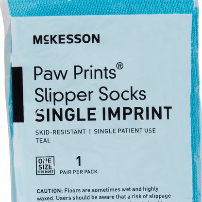 McKesson Paw Prints Slipper Socks, Aqua, One Size Fits Most