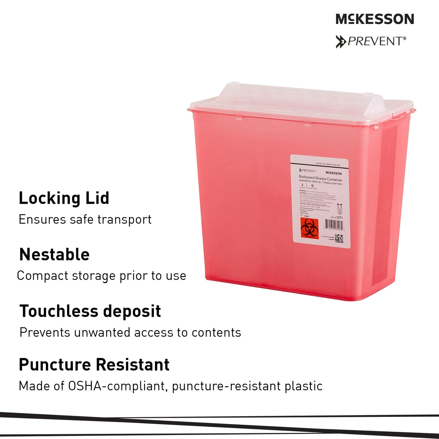 McKesson Prevent® Sharps Container, 2 Gallon, 9-1/4 x 10 x 6 Inch