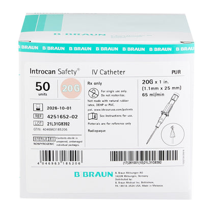 Introcan Safety® Peripheral IV Catheter, 20 Gauge, Straight